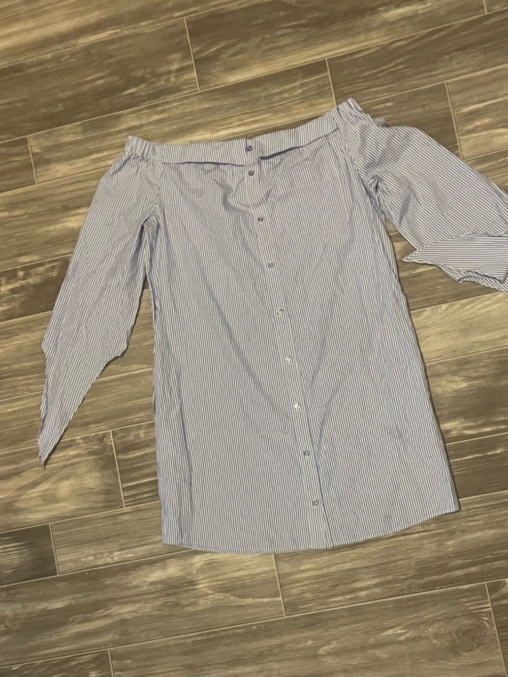 New York & Company Blue and White Off-Shoulder Striped Button Front Blouse